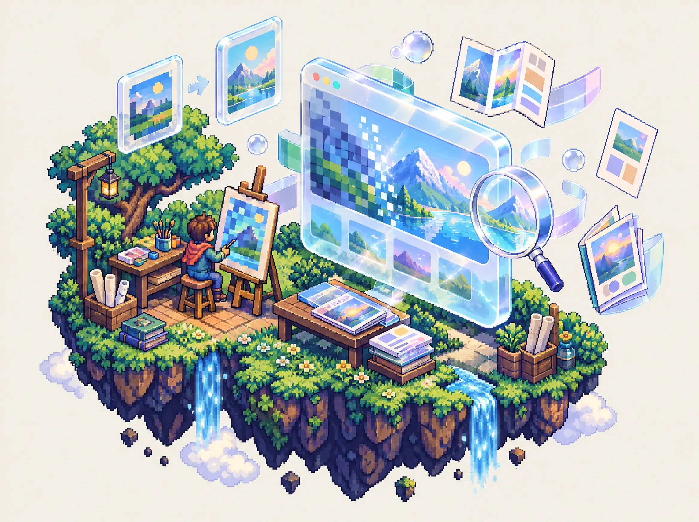 Pixel-art studio where a website on a glass screen is upgraded from blocky pixels to a crisp landscape