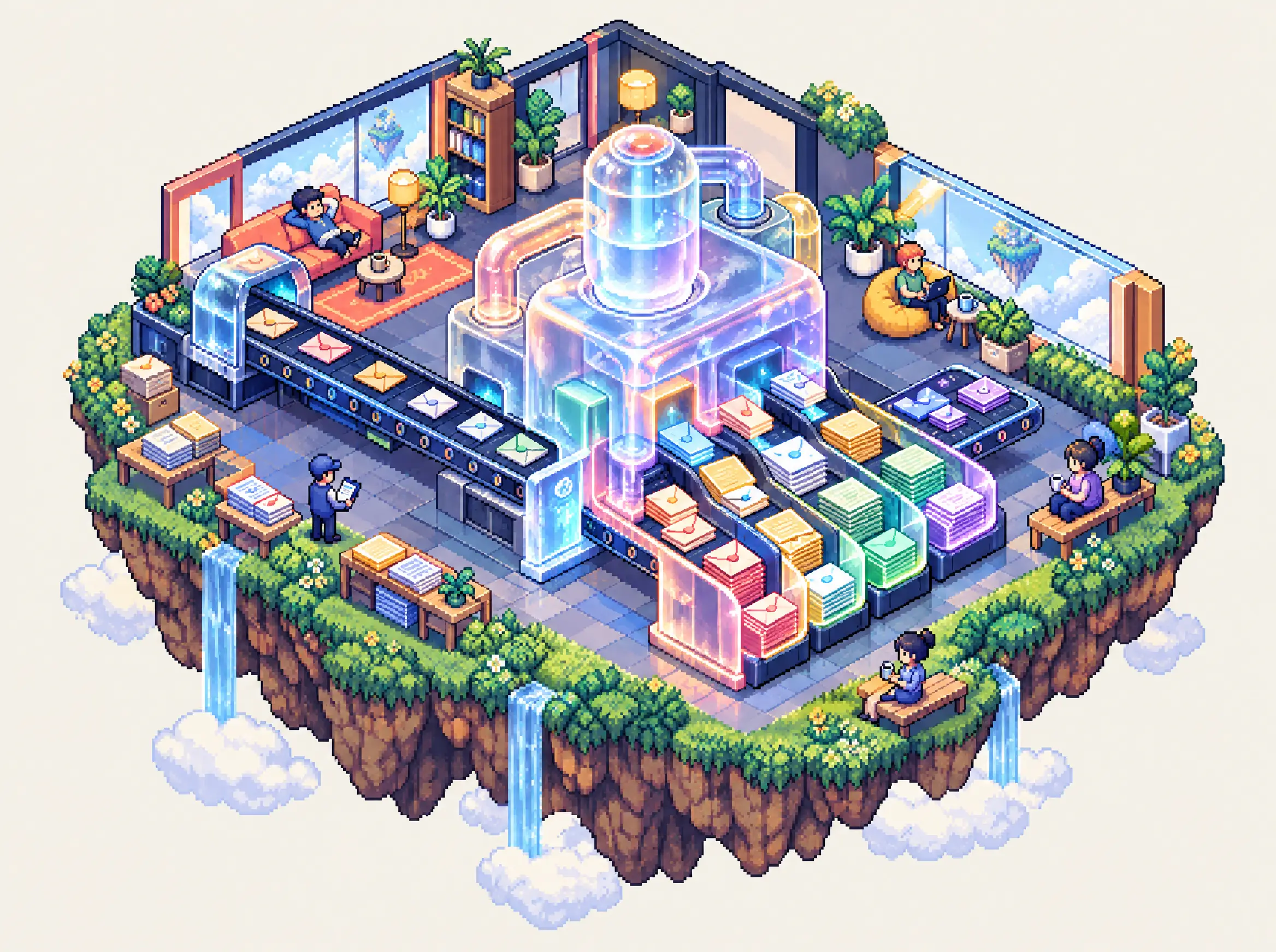 Pixel-art office where a glass machine sorts envelopes into neat colour-coded stacks while the team relaxes