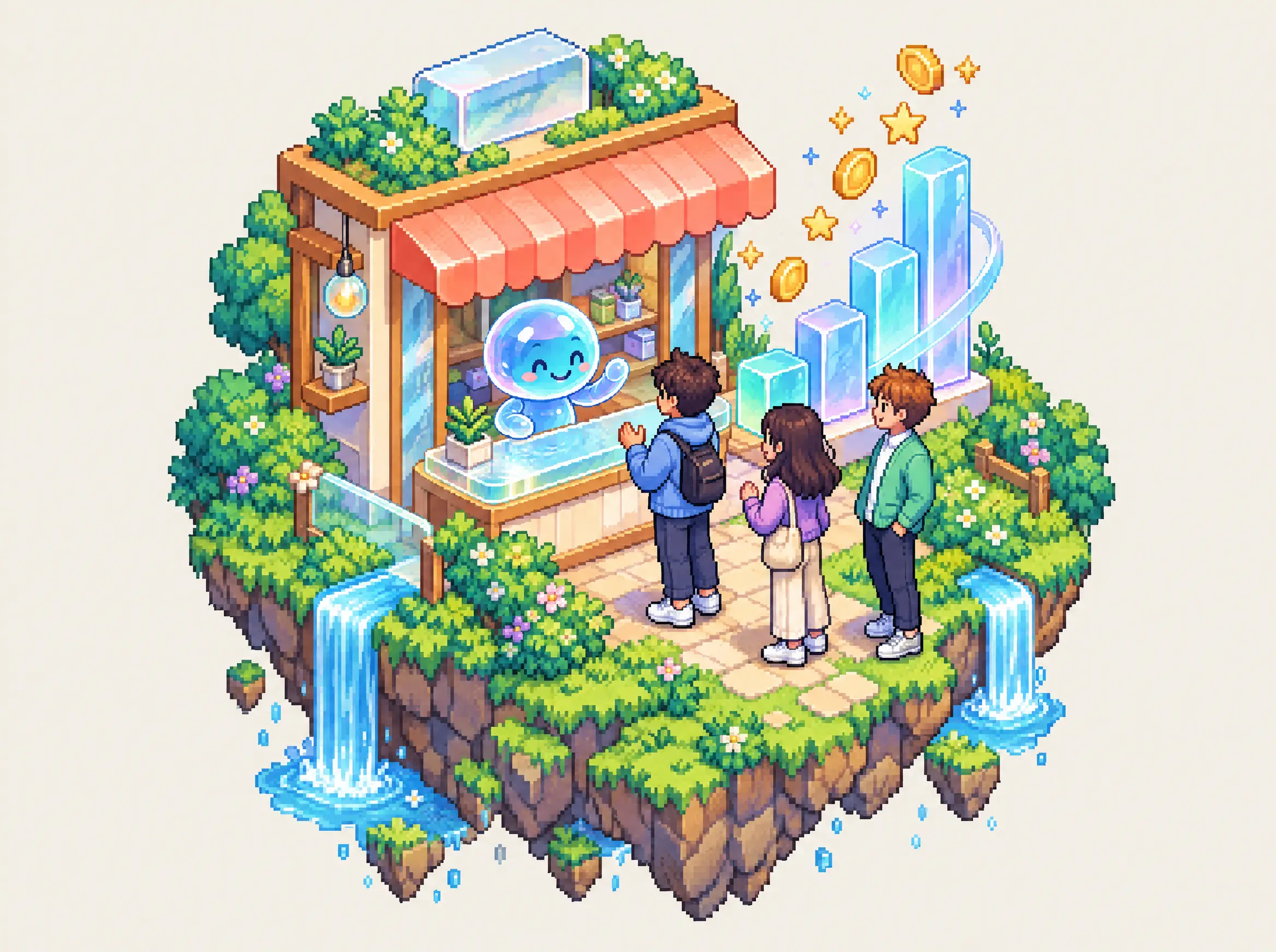 Pixel-art shopfront where a friendly glass orb assistant greets customers beside a rising glass bar chart